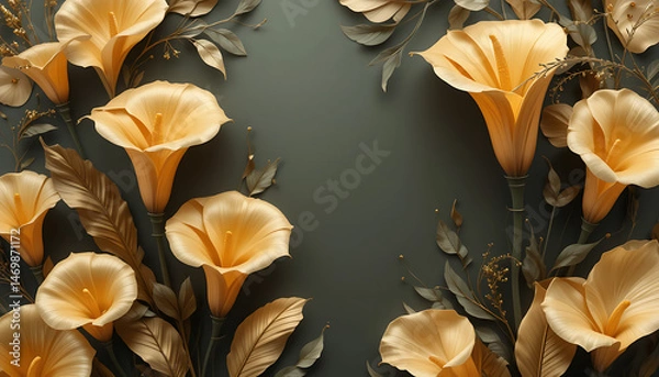 Fototapeta Elegant Golden Calla Lilies Floral Arrangement Against Dark Background