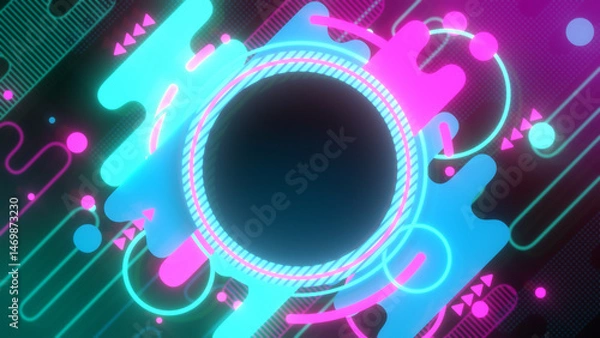 Fototapeta 円形のタイトルバックと液体のようなストライプなどの図形が並んだフレーム - ツートンネオンカラー