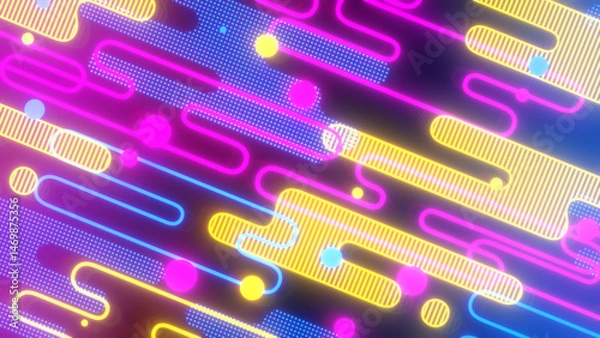 Fototapeta 液体のようなストライプと小さな丸によるポップな背景 - CMYKネオンカラー