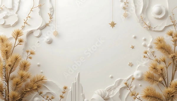 Fototapeta Elegant White Background With Golden Accents And Festive Decorations Artistically Arranged With Copy Space For Christmas Holiday Season