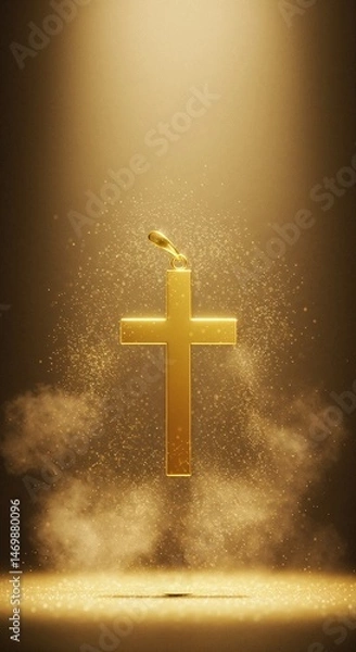 Fototapeta Gold cross illuminated by light in a misty background  