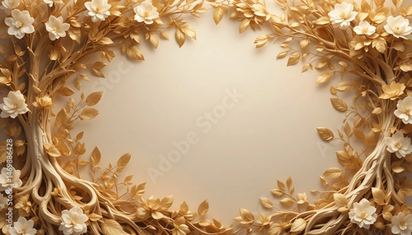 Fototapeta Golden Floral Frame With White Blossoms For Elegant Designs And Celebrations