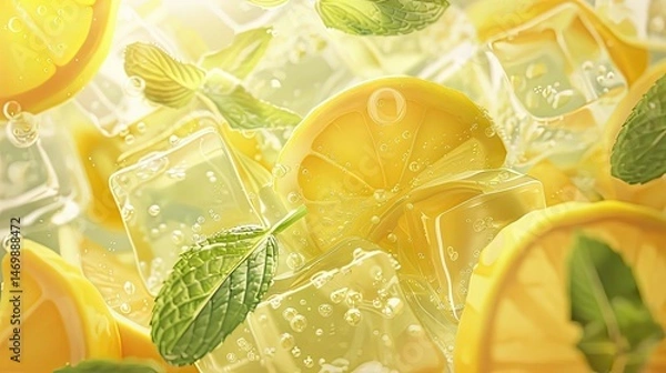 Fototapeta Close up of lemon slices and mint leaves with ice cubes creating a refreshing summer drink look