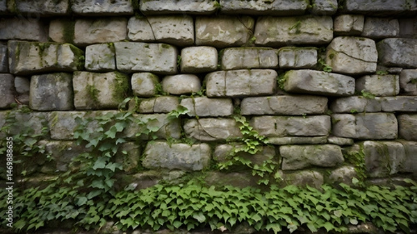Fototapeta Aged Medieval Castle Wall with Moss and Stone Texture
