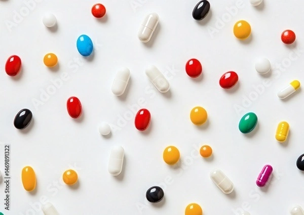 Fototapeta Flatlay image of mixed pills capsules and tablets in various colors arranged randomly on white background representing healthcare medication therapy and pharmacy overdose concept,
