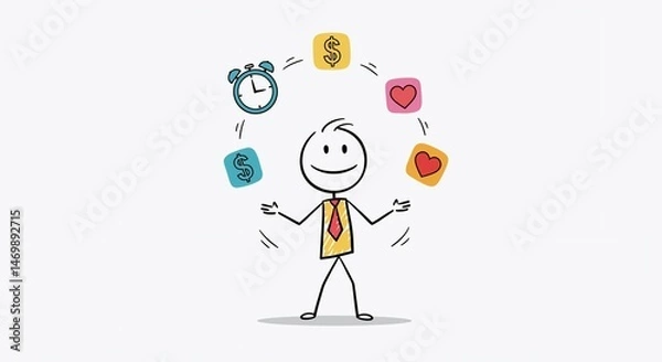 Fototapeta Balancing Act: A Stickman Juggling Time, Money, and Love