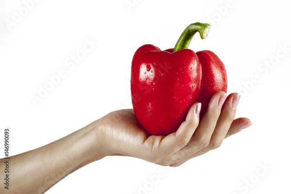Fototapeta Holding a red bell pepper
