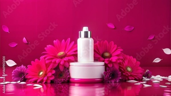 Fototapeta A cosmetic product placement pattern for a cosmetic advertisement shoot, with the concept of products made from pink flowers