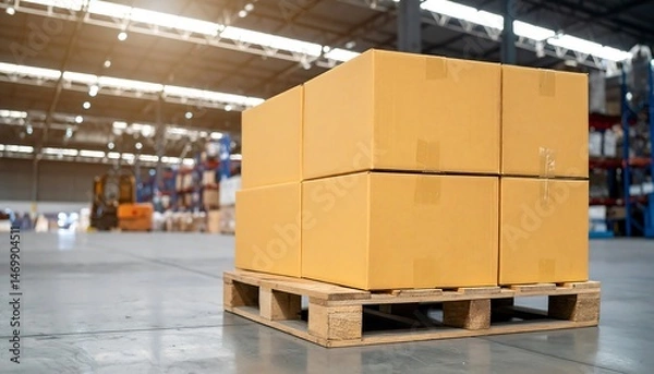 Fototapeta Cardboard Boxes on Pallet in Bright Warehouse