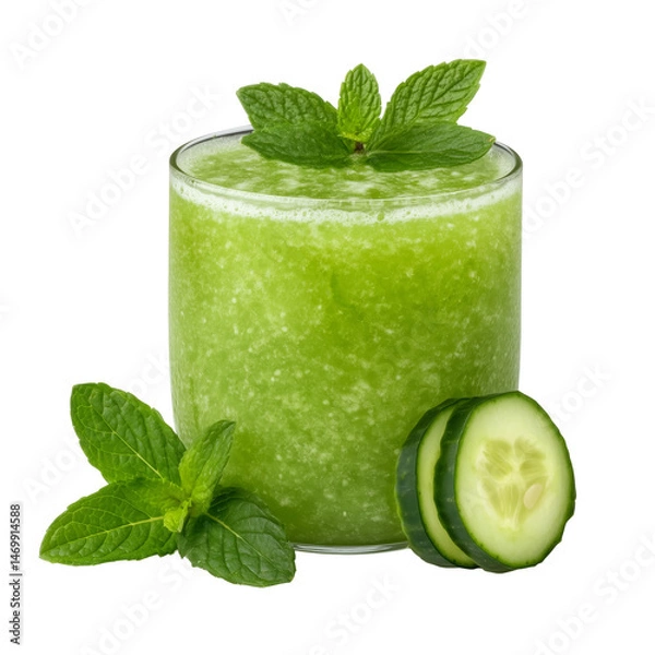 Fototapeta Refreshingly vibrant cucumber mint smoothie served in a clear glass with fresh mint leaves and cucumber slices