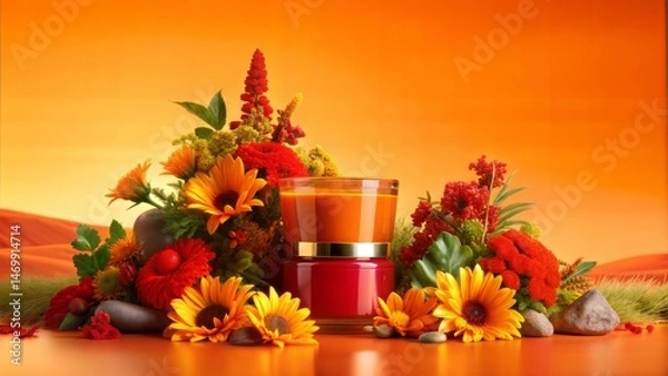 Fototapeta Product display design with a flower concept in orange tones