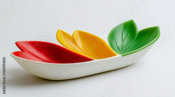 Fototapeta Colorful leaf shaped serving dish with red yellow and green compartments on white background