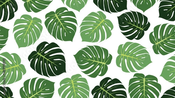 Fototapeta A vibrant seamless pattern showcasing lush green Monstera leaves in various shades,set against a white bg.Tropical leaf design, Ideal for fabric,packaging, wallpaper and summer-themed digital project
