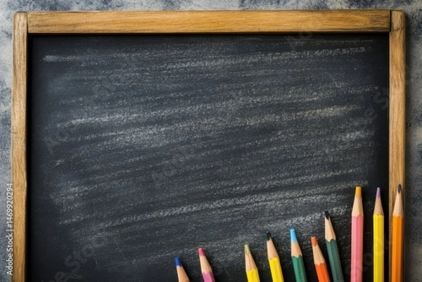Fototapeta Pencils arranged on chalkboard on background