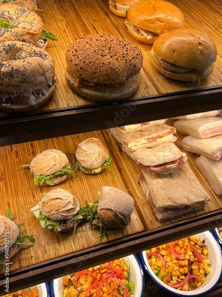 Fototapeta Variety of Sandwiches and Salads Displayed Delicious assortment ready for purchase in a cafe Bakery