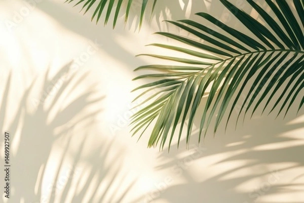 Fototapeta Palm leaf and shadow on plain surface on background