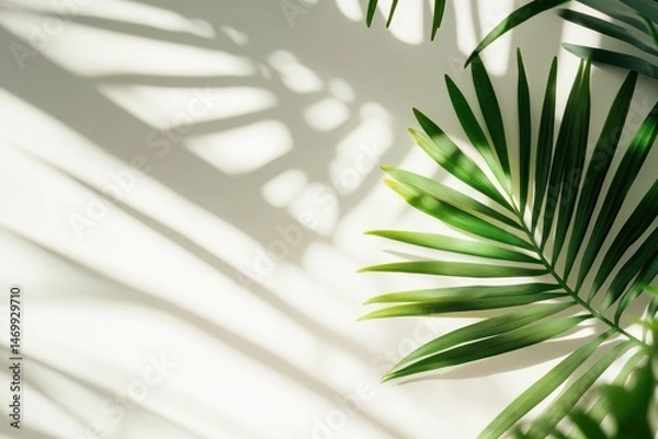 Fototapeta Palm leaf and shadow on a white wall on background