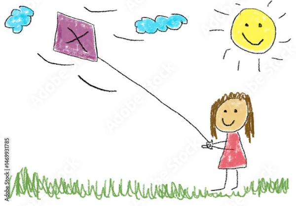 Obraz little girl with kite drawing crayon sketch elementary 