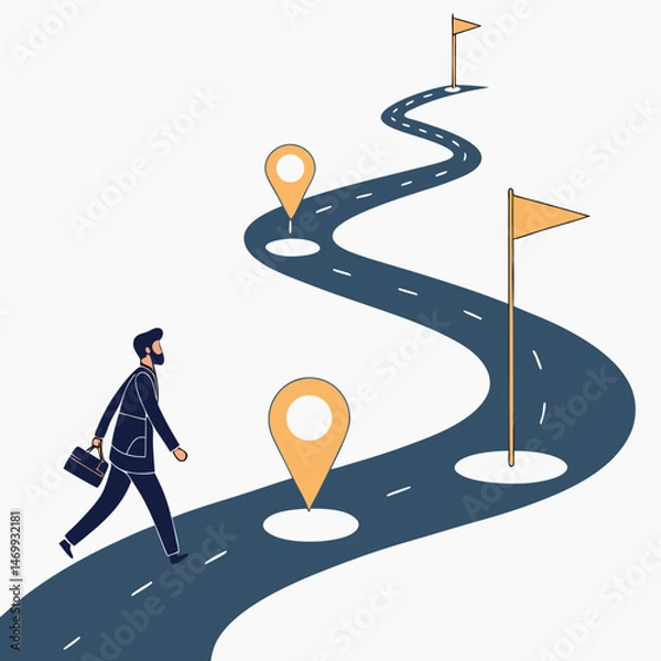 Fototapeta Businessman walking towards success along a road with destination flags and markers