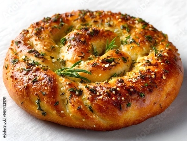 Fototapeta A delicious rosemary and garlic focaccia bread baked to golden perfection sits on a white linen background ready to be served.