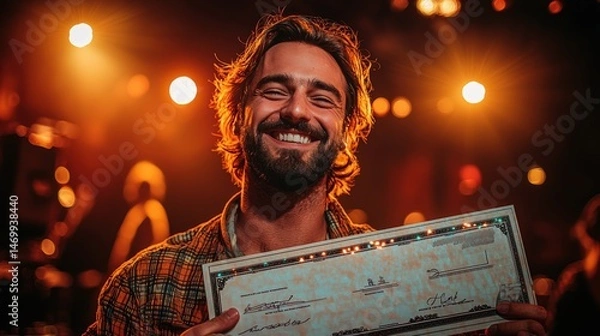 Obraz An elated young man with long brown hair and a beard smiles radiantly as he proudly displays a large ceremonial check in a brightly lit, festive environment.