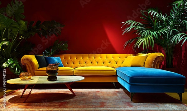 Obraz A yellow sofa and blue armchair in front of a red wall, the sofa with two pillows and a coffee table, a plant on the right side, a minimalist interior design for a living room.