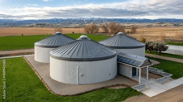Obraz High-angle drone image of a circular biogas complex with methane recovery tanks, PV canopies shading access roads, sustainable drainage swales, and organic waste sorting yard in a green corridor