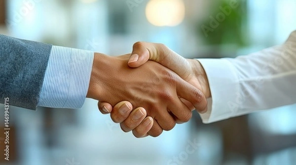 Obraz Two business people are closing a deal as they shake hands firmly in a bright office, symbolizing a successful partnership and cooperation on an agreement.