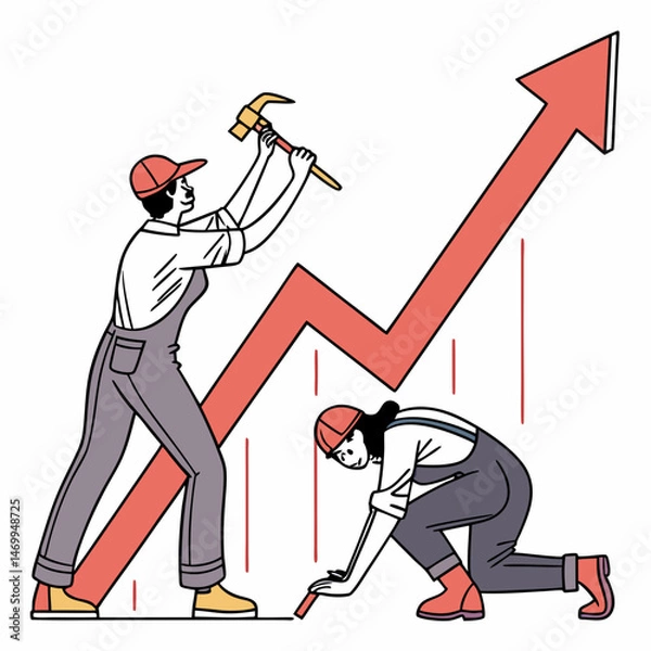 Fototapeta Teamwork building a growth chart illustrating business and economic progress