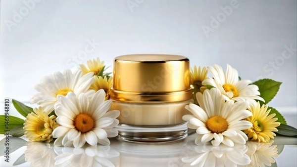 Fototapeta  Cream jar decorated with white and yellow flowers around it in a studio with a white background