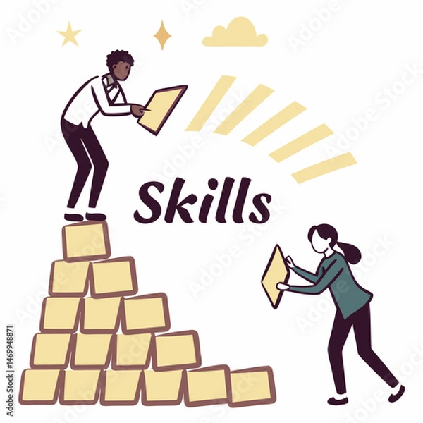 Fototapeta Demonstrating skills with letter blocks and business professionals illustration