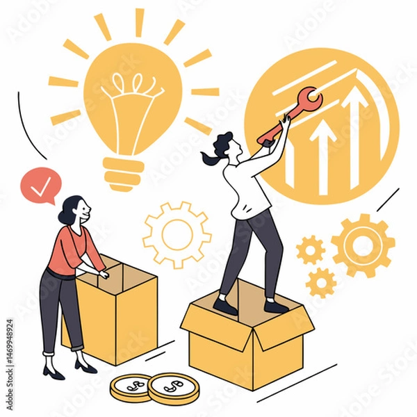 Fototapeta Teamwork and solutions represented by individuals repairing and improving business ideas