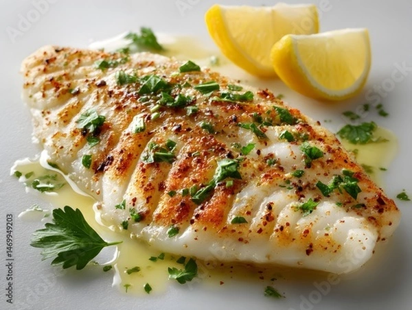 Fototapeta Delicious pan-seared fish fillet seasoned with herbs and butter sauce garnished with lemon slices ready to eat.