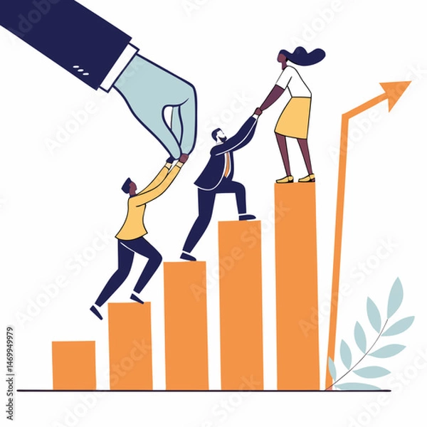Fototapeta Teamwork and growth illustrated with people climbing a rising graph of success