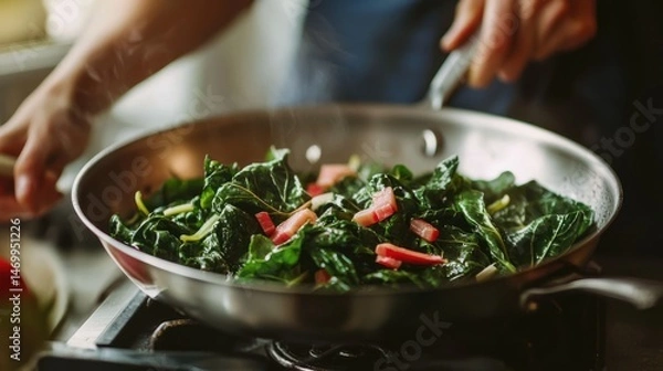 Fototapeta Swiss chard being sautÃ©ed in a pan