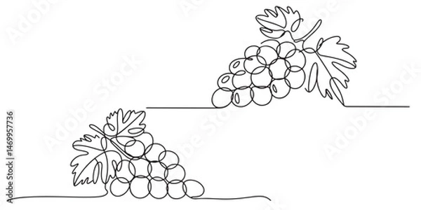 Obraz set of black Line Art Grape Bunches with Leaves, Single Line Drawing of Grapes with Leaf, Grapes in continuous line art drawing style, 