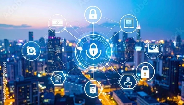 Fototapeta Data protection and compliance icons concept on digital interface over cityscape.