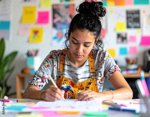 Fototapeta Young woman with dark curly hair and patterned dress drawing on paper with pencil at desk Colorful background with sticky notes