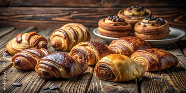 Fototapeta A delectable arrangement of freshly baked pastries, including croissants and sweet rolls, artfully displayed on a rustic wooden surface.