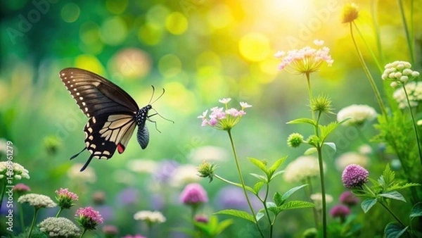 Fototapeta A majestic butterfly in flight, gracefully navigating a vibrant meadow of wildflowers bathed in warm sunlight