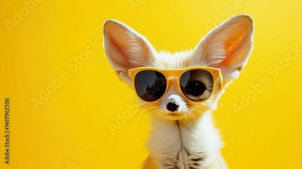 Fototapeta Cute fennec fox wearing stylish sunglasses on yellow background. Fashionable banner with place for text, conveying vibe of creativity and fun, for advertising and social media