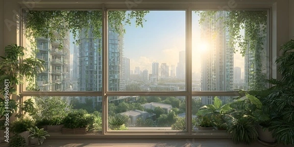 Fototapeta High-end apartment balcony view, window framed, overlooks modern complex, lush greens. Bright sun, hazy god rays. Plants on ledge. Serene urban day.