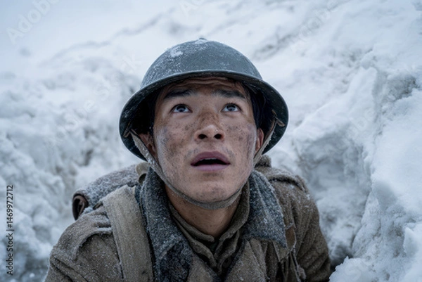 Fototapeta Cinematic Capture of a Soldier's Terror in Heavy Snow