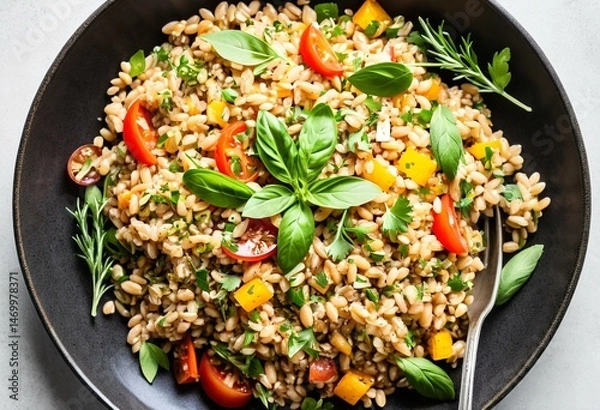 Fototapeta A bowl of farro salad with tomatoes and basil.