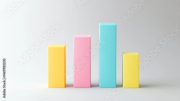 Obraz Minimalistic bar chart with three-dimensional bars in various heights, set against a clean white background.