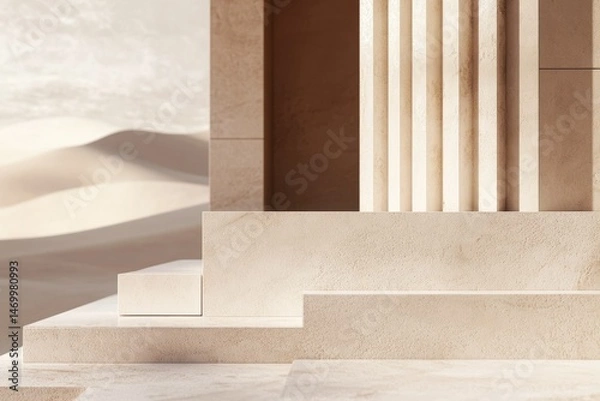 Obraz Minimalist beige stone architecture with a desert backdrop; serene and elegant.