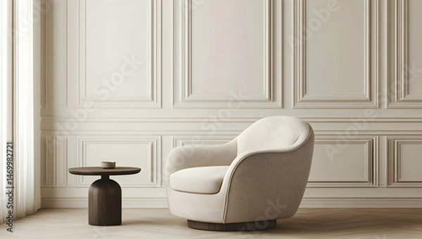 Fototapeta 3D rendering of a modern interior design with a beige armchair and side table against a white wall with decorative molding paneling.