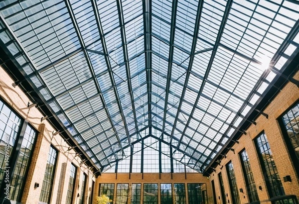 Obraz A large glass roof in a building with many windows.