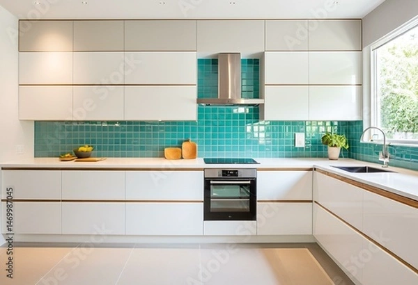 Obraz A kitchen with white cabinets and a stainless steel range hood.