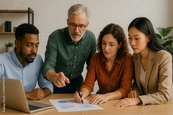 Obraz focused elderly businessman explaining the results of marketing research in the form of graphs to colleagues. A concentrated group of diverse employees brainstorms, discussing project ideas